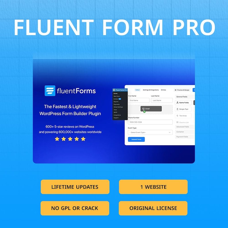 May include: A blue graphic promoting "FLUENT FORM PRO," a WordPress form builder plugin. The image includes the "fluentForms" logo, text highlighting its speed and features, and buttons for "LIFETIME UPDATES," "1 WEBSITE," "NO GPL OR CRACK," and "ORIGINAL LICENSE."