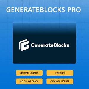 May include: A blue and white graphic with the text "GENERATEBLOCKS PRO" at the top. A dark blue rectangle in the center displays the GenerateBlocks logo and text. Four yellow rectangles below state "LIFETIME UPDATES", "1 WEBSITE", "NO GPL OR CRACK", and "ORIGINAL LICENSE".