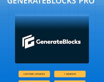 以下が含まれることがあります： 上部に「GENERATEBLOCKS PRO」のテキストが入った青と白のグラフィック。中央の濃い青色の長方形には、GenerateBlocksのロゴとテキストが表示されています。下部の4つの黄色の長方形には、「LIFETIME UPDATES」、「1 WEBSITE」、「NO GPL OR CRACK」、「ORIGINAL LICENSE」と記載されています。