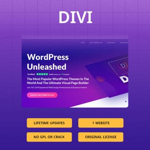 May include: A purple and blue graphic promoting "DIVI" and "WordPress Unleashed." The image features text about WordPress themes and a visual page builder. It also includes buttons for "Lifetime Updates," "1 Website," "No GPL or Crack," and "Original License."
