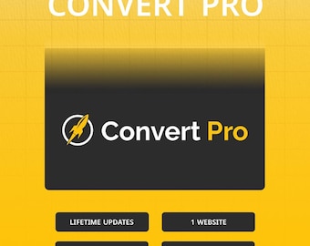 May include: A yellow and black graphic with the text "CONVERT PRO" at the top. A black rectangle in the center features the Convert Pro logo and text. Below are four rectangular buttons with text: "LIFETIME UPDATES", "1 WEBSITE", "NO GPL OR CRACK", and "ORIGINAL LICENSE".