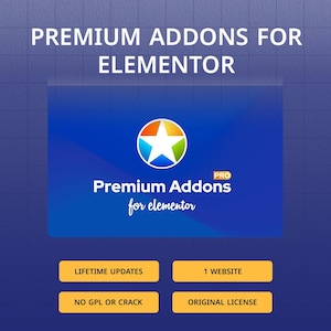 Może przedstawiać: Grafika cyfrowa z tekstem „PREMIUM ADDONS FOR ELEMENTOR” na górze. Obraz zawiera niebiesko-białe logo ze słowami „Premium Addons for elementor”. Poniżej znajdują się cztery żółte prostokąty z tekstem: „LIFETIME UPDATES”, „1 WEBSITE”, „NO GPL OR CRACK” i „ORIGINAL LICENSE”.