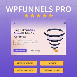 以下が含まれることがあります： 「WPFunnels PRO」のテキストと5つの金色の星が描かれたデジタルグラフィック。WordPress用のドラッグ＆ドロップセールスファネルビルダーを宣伝しています。「生涯アップデート」、「1つのウェブサイト」、「GPLまたはクラックなし」、「オリジナルライセンス」などのテキストが含まれています。