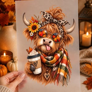 Könnte beinhalten: Ein Druck eines flauschigen braunen Hochlandrindes mit einem Leopardenmuster-Stirnband, einer runden Sonnenbrille mit Herbstlaub-Reflektion und einem karierten Schal. Das Rind hält einen Kaffeebecher mit Herzsymbol und trägt eine herzförmige Kette.