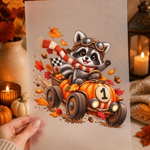 Könnte beinhalten: Ein durchscheinendes Blatt mit einer Cartoon-Illustration eines Waschbären, der eine Fliegerbrille und einen rot-weiß gestreiften Schal trägt und ein Rennauto aus einem großen orangefarbenen Kürbis mit der aufgedruckten Nummer eins fährt.