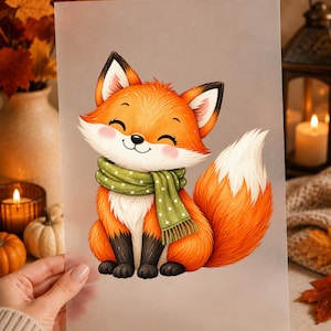 Könnte beinhalten: Ein rechteckiger Druck mit einem Cartoon-Fuchs mit orangefarbenem Fell, weißer Brust und schwarzen Pfoten. Der Fuchs hat einen lächelnden Ausdruck mit geschlossenen Augen und trägt einen grünen Schal mit weißen Punkten und Fransen.