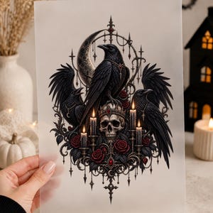 May include: A rectangular print featuring a central human skull wearing a crown, surrounded by three black ravens, dark red roses, and lit candles. The composition is framed by an ornate gothic arch and a crescent moon, rendered in detailed black, grey, and red tones.