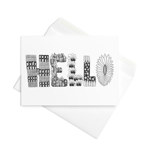 Carte de voeux « BONJOUR » fantaisiste | Dessin dessiné à la main en noir et blanc | Blanc à l'intérieur | 4x6 ou 5x7 avec enveloppe