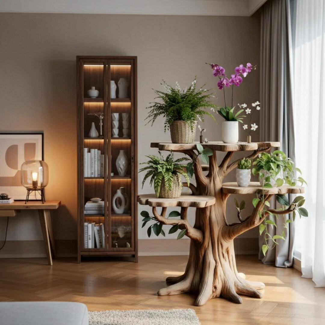 Handmade Wooden Tree Plant Stand Table – Rustic Multi-tier Solid Wood ...