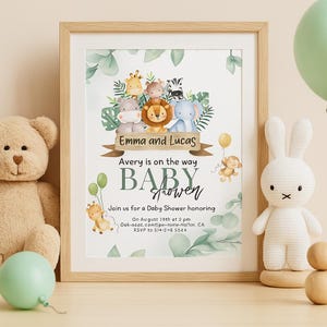 Modello di invito per baby shower "Safari nella giungla" / Invito per baby shower modificabile su Canva / Download digitale / Biglietto per baby shower con animali verdi