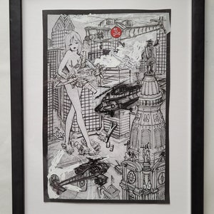 May include: A black and white drawing of a woman standing in a city with a skull and crossbones symbol in the background. The woman is holding a gun and is wearing a short skirt. The city is made up of buildings and other structures. The drawing is done in a style that is reminiscent of comic books.
