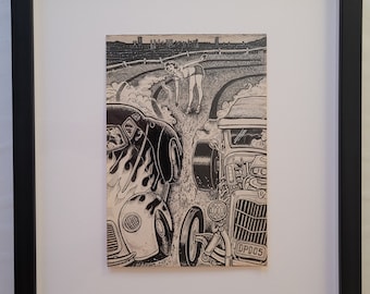 Framed Original Doodle Pad Drawing by David Jablow 'Hot Rods' 2015 Ink on Paper