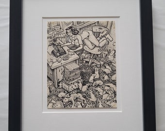 Original 'do it yourself Doodler' Doodle Pad Drawing by David Jablow 'Writer' 2010 Framed Matted Ink on Paper