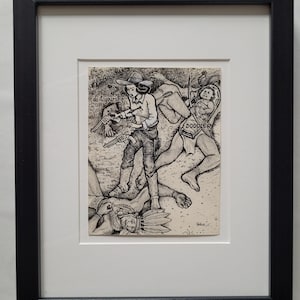 Original &#39;do it yourself Doodler&#39; Doodle Pad Drawing by David Jablow &#39;Papoose&#39; 2010 Framed Matted Ink on Paper