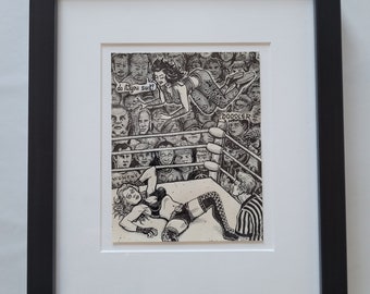 Original 'do it yourself Doodler' Doodle Pad Drawing by David Jablow 'Wrestlers' 2010 Framed Matted Ink on Paper