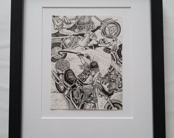 Original 'Round Figures' Doodle Pad Drawing by David Jablow 'Bikers' 2016 Framed Matted Ink on Paper