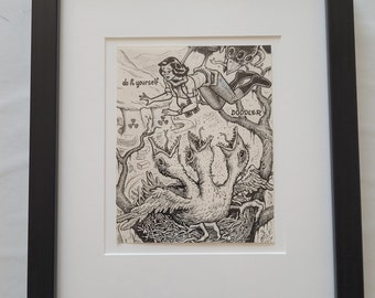 Original 'do it yourself Doodler' Doodle Pad Drawing by David Jablow 'Feeding' 2010 Framed Matted Ink on Paper