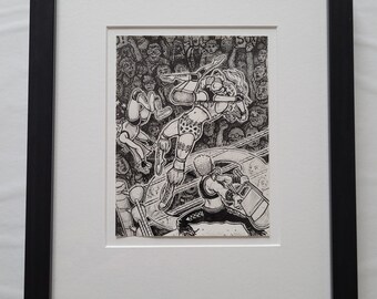 Original 'Round Figures' Doodle Pad Drawing by David Jablow 'Wrestlers' 2016 Framed Matted Ink on Paper