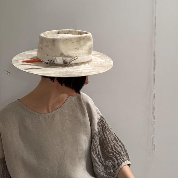 Plant Dyed Fur Felt Fedora Hat, Hand Made Natural Size 57  display picture 1