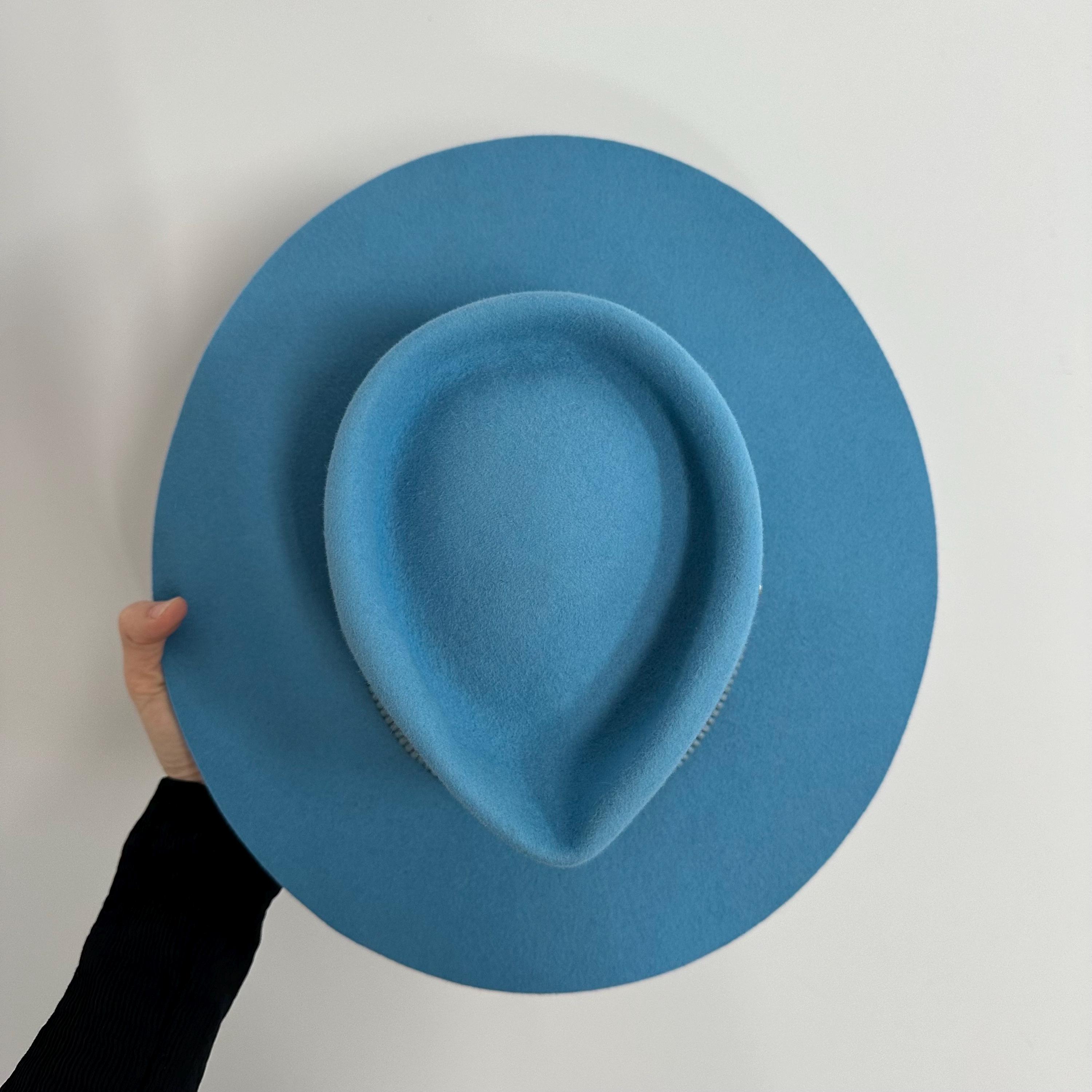 Blue Rabbit Fur Felt Fedora Hat, Hand Made Natural Size 58