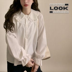 Women Blouse Shirt | Long Sleeve Blouse | White Blouse Clothes | Casual Outfit | Ruffled Blouse | Gift for Her | Birthday Gift