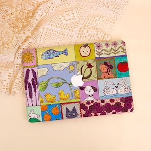 May include: A colorful laptop case featuring a patchwork design with various illustrations. The design includes a blue fish, an apple, flowers, a cat, a tomato, ducks, a dog, swans, a rabbit, oranges, and a black cat.