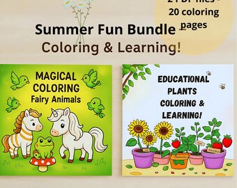 May include: A bundle of two PDF files with 20 coloring pages. The text reads "Summer Fun Bundle Coloring & Learning!". One cover features a unicorn and a frog, the other shows sunflowers and plants.