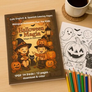 Bilingual Halloween Coloring Book for Kids | English Spanish Printable Coloring Pages | Fun Fall Activity | Digital Download, Magic, Cute