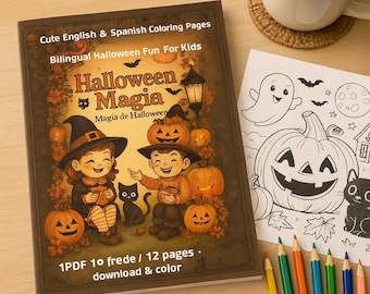 May include: A Halloween-themed coloring book with the title "Halloween Magia" in English and Spanish. The cover features cartoon illustrations of children in witch and wizard costumes with pumpkins and a black cat. A coloring page and colored pencils are also visible.