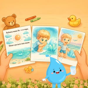Könnte beinhalten: Eine Kinderillustration mit einem lächelnden blauen Wassertropfen, der ein Glas Wasser hält. Das Bild zeigt drei Zeichnungen mit einem Jungen und dem Text "Wasser kann zu Dampf werden". Ein Teddybär, Buntstifte und eine Quietscheente sind ebenfalls vorhanden.