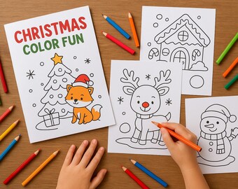 May include: A collection of Christmas-themed coloring pages with a fox, reindeer, snowman, and house illustrations. The words "CHRISTMAS COLOR FUN" are printed on one page. Colored pencils in various colors are scattered around the pages.