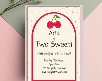 Two Sweet 2nd Birthday Invitation, Cherry Birthday Invite, Editable Template, Digital Download