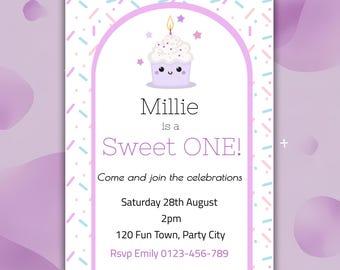 Sweet One 1st Birthday Invitation, Children&#39;s First Birthday Invite, Personalised Template, Digital Download