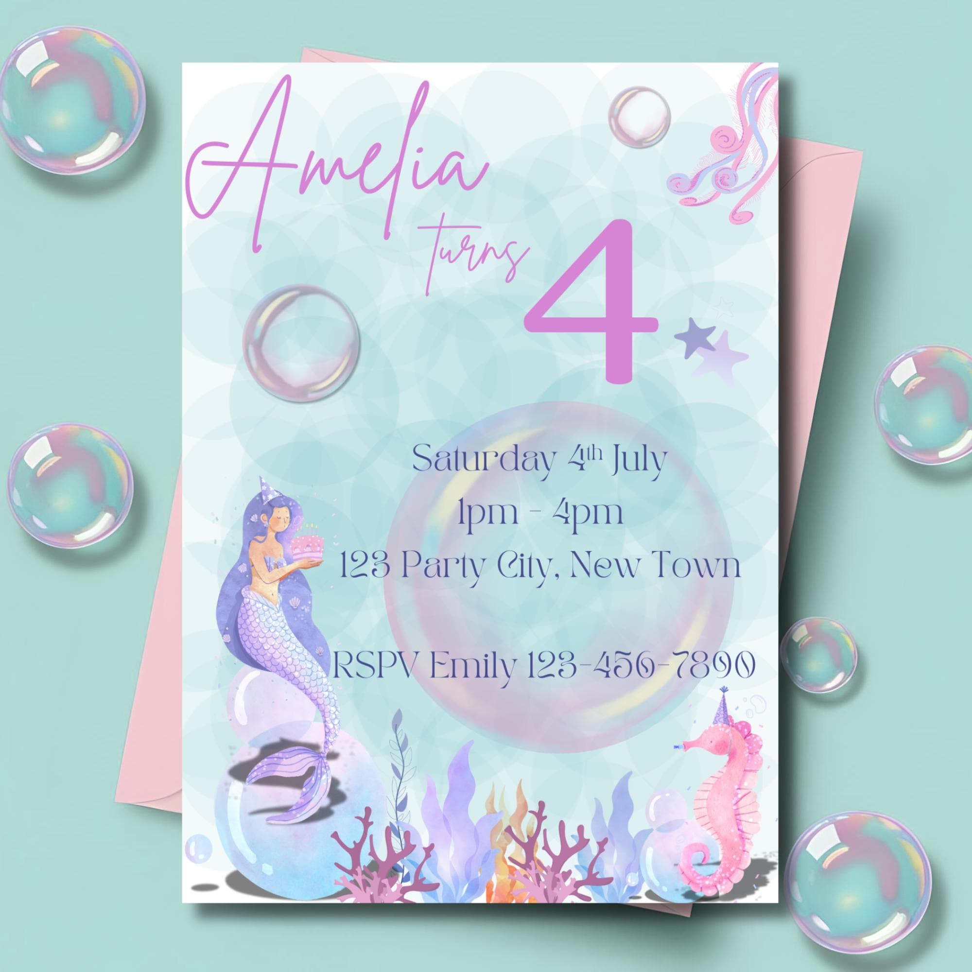 Mermaid Under the Sea Birthday Invitation, Children's Birthday Party Invite, Editable Template, Digital Download