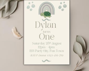 Turtle First Birthday Invitation, Children&#39;s 1st Birthday Invite, Editable Template, Instant Digital Download