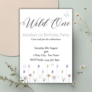Wild One 1st Birthday Invitation, Girls Wildflower First Birthday Party Invite, Editable Digital Download Template