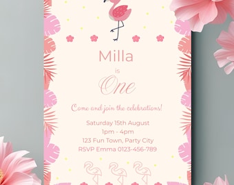 Flamingo First Birthday Invitation, Children&#39;s 1st Birthday Invite, Digital Download, Editable Template
