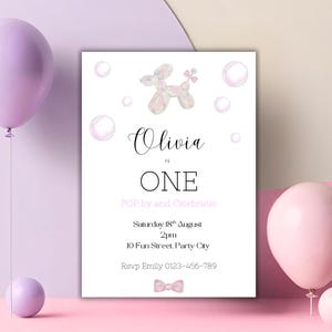 Invitación de primer cumpleaños de perro con globo, invitación para el primer cumpleaños infantil, plantilla personalizada, descarga digital