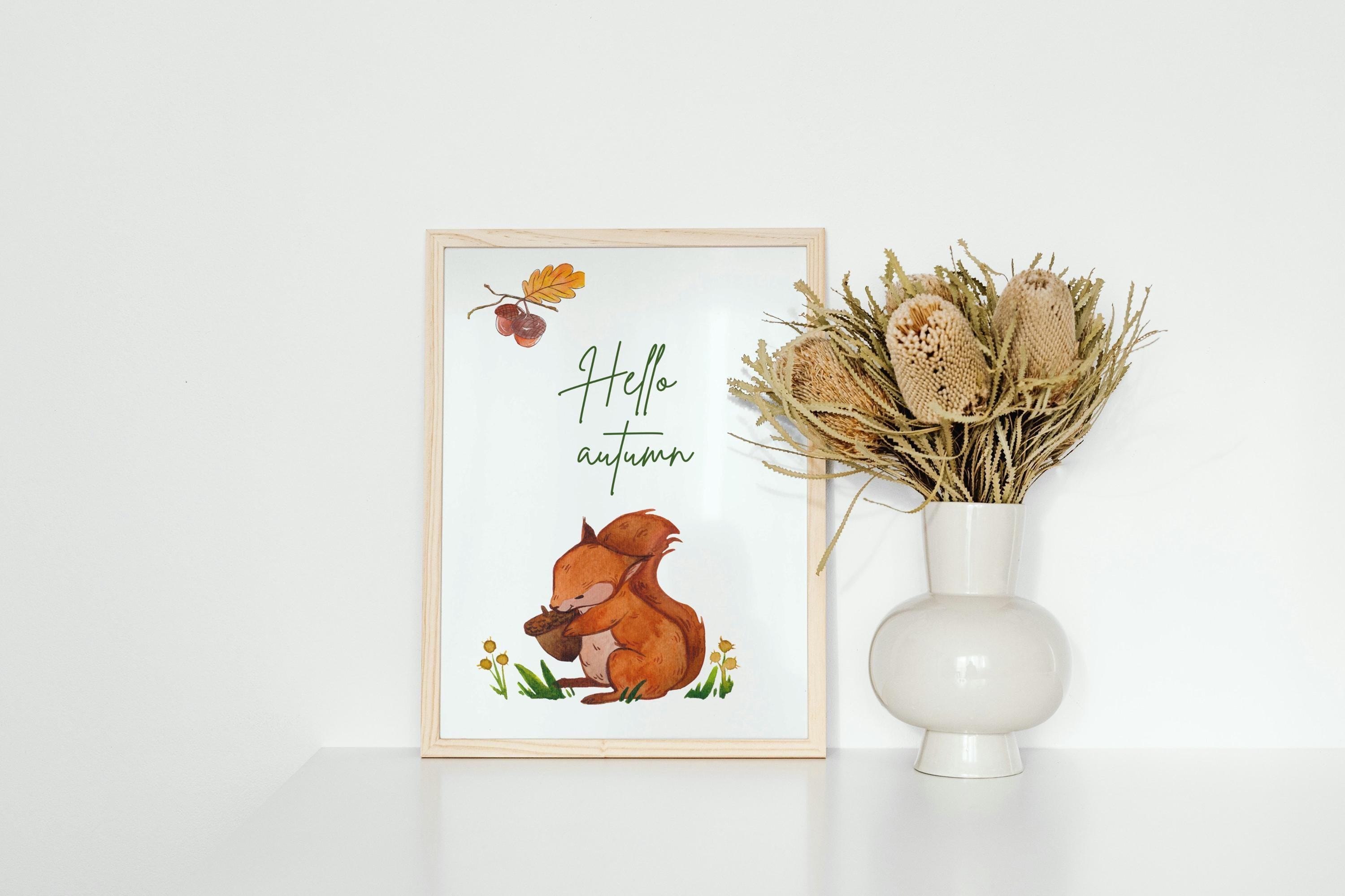 Hello Autumn Squirrel Printable, Fall Wall Decor , Autumn Wall Art, Kids  Printable, Chestnut Autumn Printable, Kids Bedroom Print, Fall Art