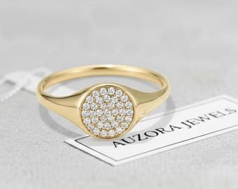 14K Yellow Gold Moissanite Signet Ring, Pave Anniversary Ring