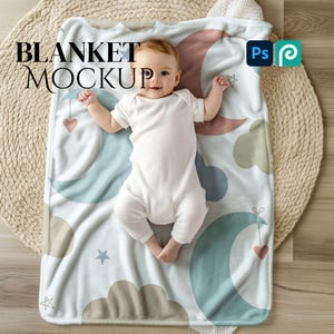Minky Baby Boy Blanket Mockup | Newborn Child Model Blanket PSD | Velveteen Blanket PNG | Print on Demand | Sypialnia | Basket Flat Lay Mockup