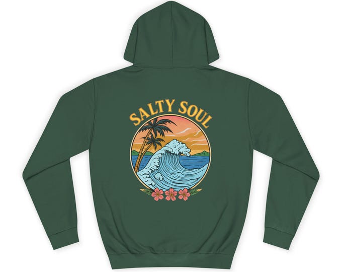 Unisex Hoodie Coastal Vibes Salty Soul Design, Beachwear Casual Style, College Apparel, Surf Gift, Relaxed Fit