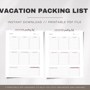 Vacation Packing List Printable PDF | Travel Checklist for Easy Organization & Stress-Free Trips Planner