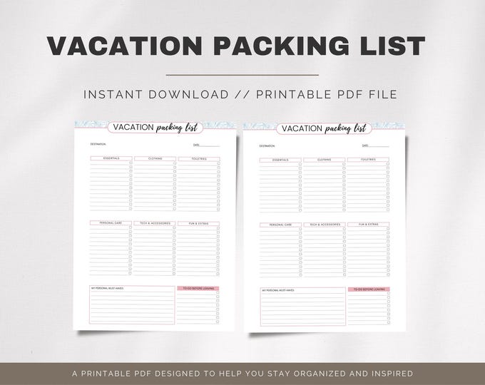 Vacation Packing List Printable PDF | Travel Checklist for Easy Organization & Stress-Free Trips Planner