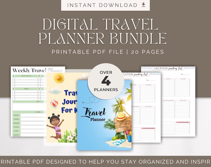 Digital Travel Planner Bundle, Printable Trip Organizer & Vacation Planner, Itinerary Template, Packing Lists, Instant Download