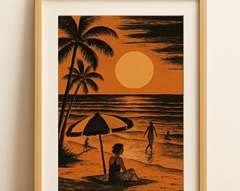 Retro Beach Scene Digital Art Print in Burnt Orange and Black