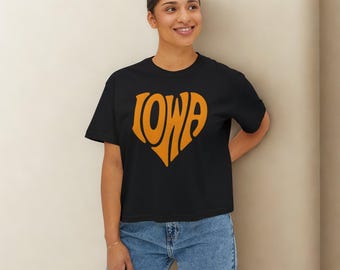 Iowa Women's Boxy Tee Black T-Shirt with Gold 'Iowa' Heart Graphic Casual Top Trendy Iowa Shirt Gift for Her
