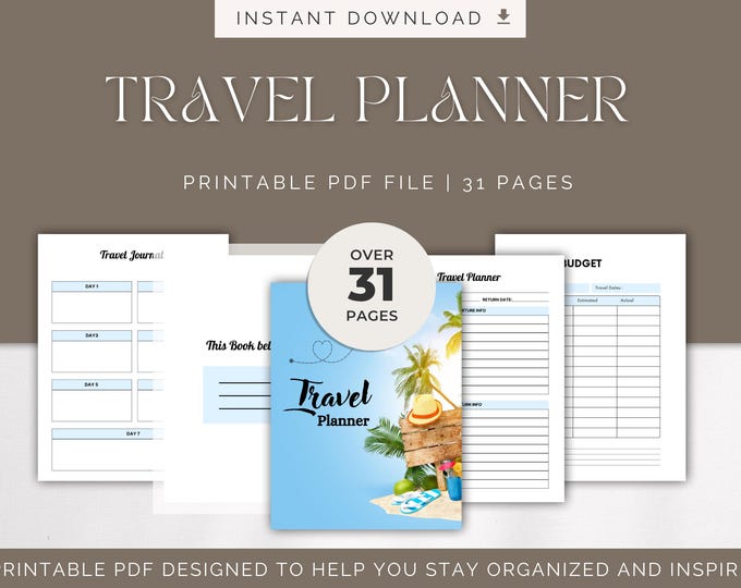 Travel Planner Instant Download Printable Organizer for Trip Planning, Itinerary, Budget & Packing List, Digital Travel Journal PDF