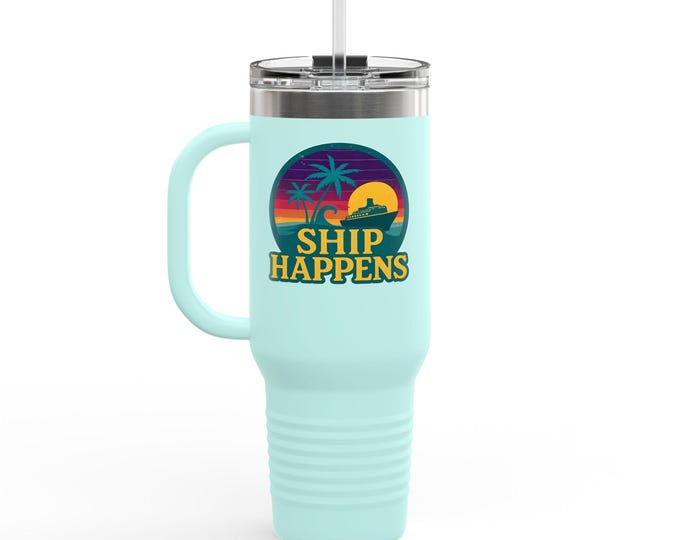 Cruise Ship Travel Tumbler 40oz - Funny Ship Happens Insulated Coffee Cup, Nautical Ocean Lover Gift, Traveler’s Drinkware