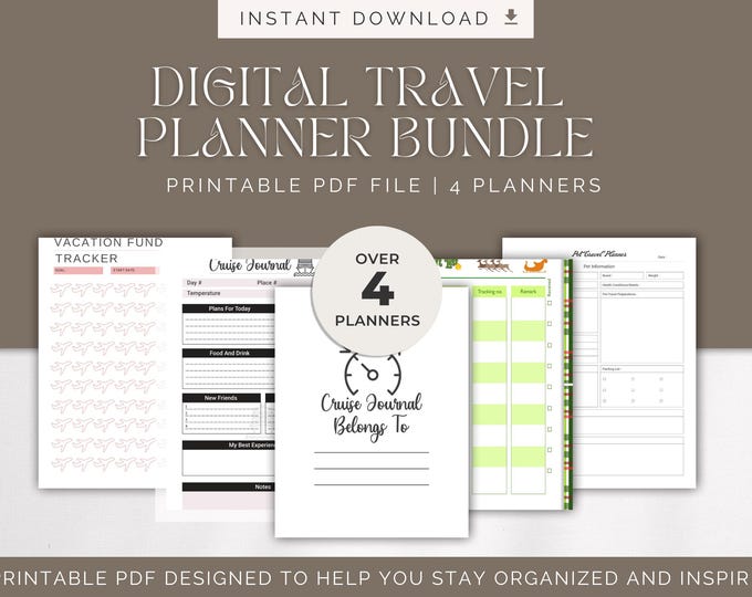 Travel Planner Bundle Instant Download – Trip Organizer, Vacation Itinerary, Packing List & Travel Journal PDF Printable Kit